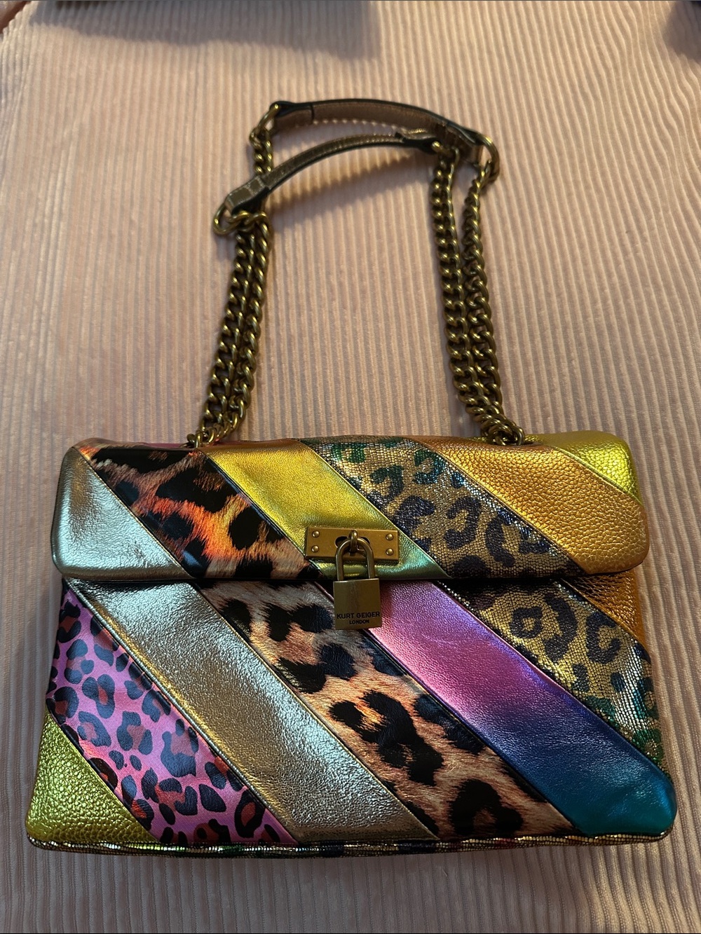 Kurt Geiger Metallic Leopard Patchwork Shoulder Bag in Gold, Pink, Blue
